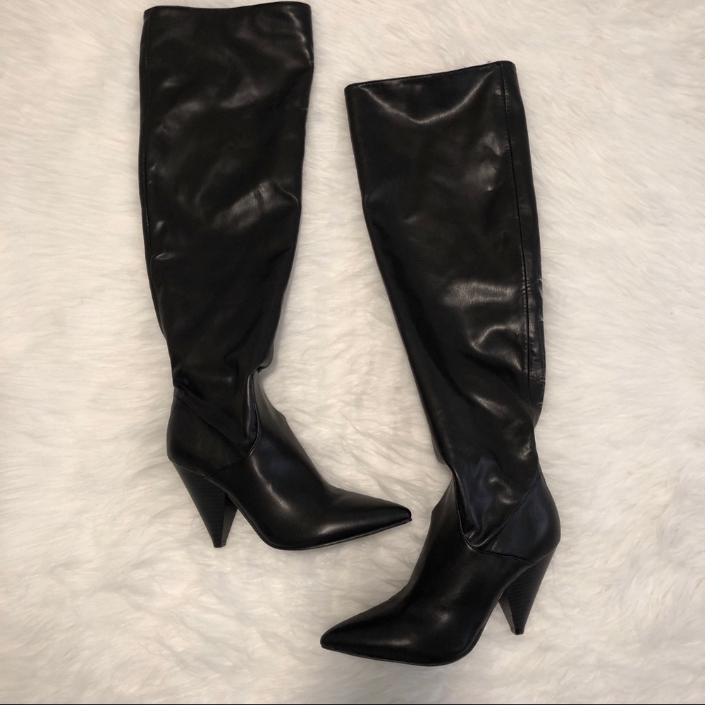 Black Faux Leather Knee High Boots - Picture 3 of 4
